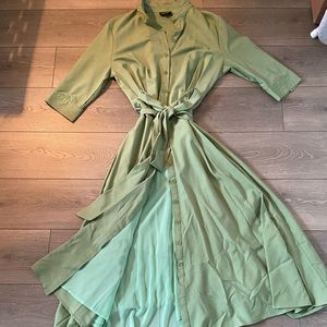 3/4 length olive dress.